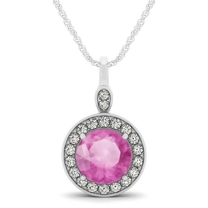 Round Pink Sapphire and Diamond Halo Pendant Necklace 14k White Gold 2.30ct - All