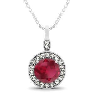 Round Ruby and Diamond Halo Pendant Necklace 14k White Gold 2.30ct - All