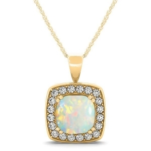Opal and Diamond Halo Cushion Pendant Necklace 14k Yellow Gold 1.54ct - All