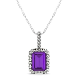 Diamond and Emerald Cut Amethyst Halo Pendant Necklace 14k White Gold 1.19ct - All
