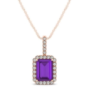 Diamond and Emerald Cut Amethyst Halo Pendant Necklace 14k Rose Gold 1.19ct - All