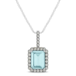 Diamond and Emerald Cut Aquamarine Halo Pendant Necklace 14k White Gold 1.00ct - All