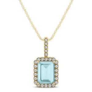 Diamond and Emerald Cut Aquamarine Halo Pendant Necklace 14k Yellow Gold 1.00ct - All