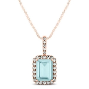 Diamond and Emerald Cut Aquamarine Halo Pendant Necklace 14k Rose Gold 1.00ct - All