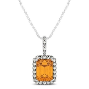 Diamond and Emerald Cut Citrine Halo Pendant Necklace 14k White Gold 1.19ct - All