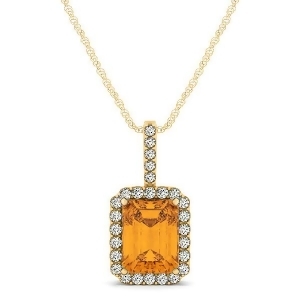 Diamond and Emerald Cut Citrine Halo Pendant Necklace 14k Yellow Gold 1.19ct - All
