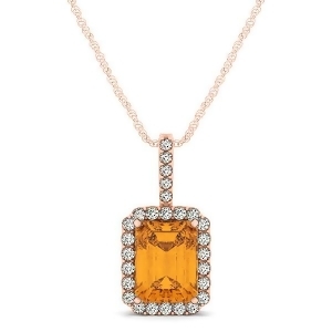 Diamond and Emerald Cut Citrine Halo Pendant Necklace 14k Rose Gold 1.19ct - All