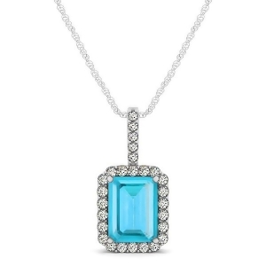 Diamond and Emerald Cut Blue Topaz Halo Pendant Necklace 14k White Gold 1.44ct - All