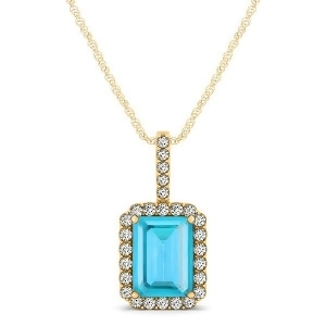 Diamond and Emerald Cut Blue Topaz Halo Pendant Necklace 14k Yellow Gold 1.44ct - All
