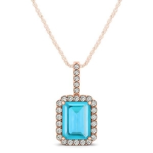 Diamond and Emerald Cut Blue Topaz Halo Pendant Necklace 14k Rose Gold 1.44ct - All