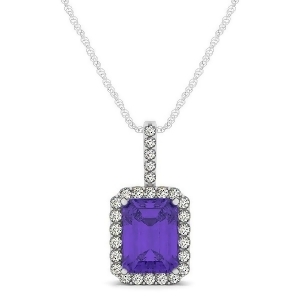 Diamond and Emerald Cut Tanzanite Halo Pendant Necklace 14k White Gold 1.34ct - All