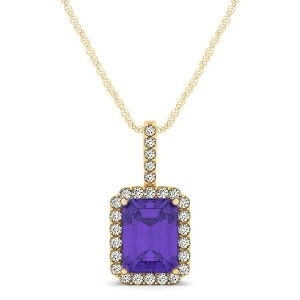 Diamond and Emerald Cut Tanzanite Halo Pendant Necklace 14k Yellow Gold 1.34ct - All