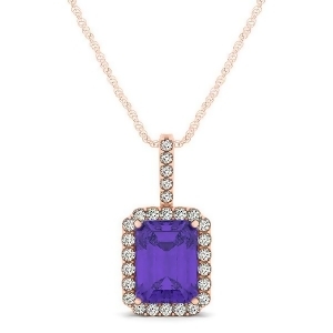Diamond and Emerald Cut Tanzanite Halo Pendant Necklace 14k Rose Gold 1.34ct - All