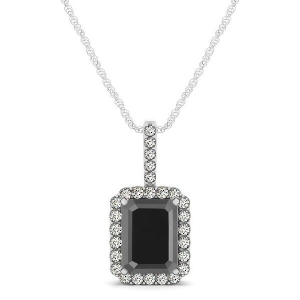 Diamond and Emerald Cut Black Diamond Halo Pendant Necklace 14k White Gold 1.25ct - All