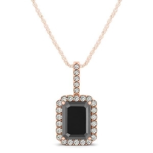 Diamond and Emerald Cut Black Diamond Halo Pendant Necklace 14k Rose Gold 1.25ct - All