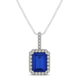 Diamond and Emerald Cut Blue Sapphire Halo Pendant Necklace 14k White Gold 1.34ct - All