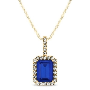 Diamond and Emerald Cut Blue Sapphire Halo Pendant Necklace 14k Yellow Gold 1.34ct - All