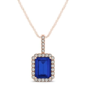 Diamond and Emerald Cut Blue Sapphire Halo Pendant Necklace 14k Rose Gold 1.34ct - All