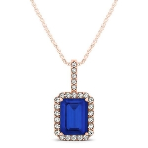 Diamond and Emerald Cut Blue Sapphire Halo Pendant Necklace 14k Rose Gold 1.34ct - All