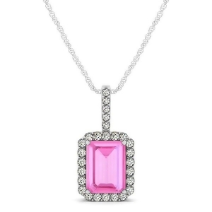 Diamond and Emerald Cut Pink Sapphire Halo Pendant Necklace 14k White Gold 1.34ct - All