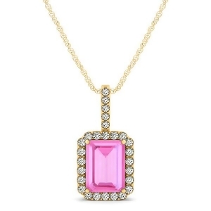 Diamond and Emerald Cut Pink Sapphire Halo Pendant Necklace 14k Yellow Gold 1.34ct - All
