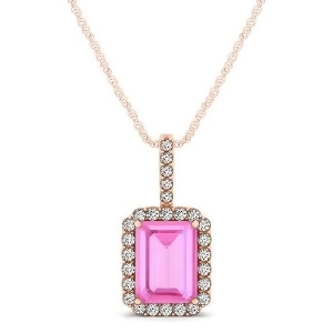 Diamond and Emerald Cut Pink Sapphire Halo Pendant Necklace 14k Rose Gold 1.34ct - All