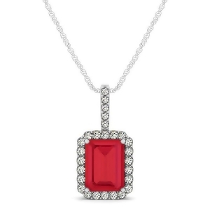Diamond and Emerald Cut Ruby Halo Pendant Necklace 14k White Gold 1.34ct - All