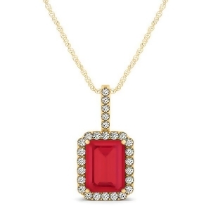 Diamond and Emerald Cut Ruby Halo Pendant Necklace 14k Yellow Gold 1.34ct - All
