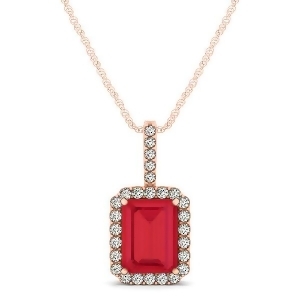 Diamond and Emerald Cut Ruby Halo Pendant Necklace 14k Rose Gold 1.34ct - All
