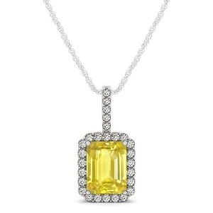 Diamond and Emerald Cut Yellow Sapphire Halo Pendant Necklace 14k White Gold 1.34ct - All