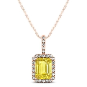 Diamond and Emerald Cut Yellow Sapphire Halo Pendant Necklace 14k Rose Gold 1.34ct - All