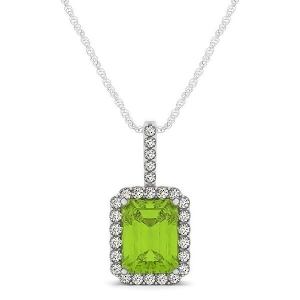 Diamond and Emerald Cut Peridot Halo Pendant Necklace 14k White Gold 1.19ct - All