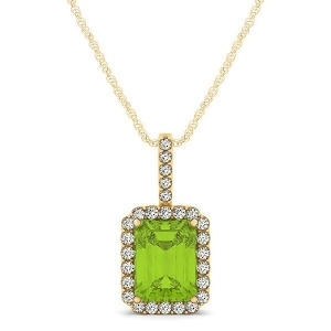 Diamond and Emerald Cut Peridot Halo Pendant Necklace 14k Yellow Gold 1.19ct - All