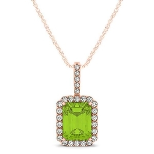 Diamond and Emerald Cut Peridot Halo Pendant Necklace 14k Rose Gold 1.19ct - All