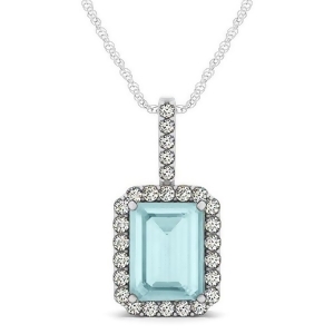 Diamond and Emerald Cut Aquamarine Halo Pendant Necklace 14k White Gold 3.25ct - All