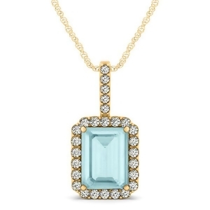 Diamond and Emerald Cut Aquamarine Halo Pendant Necklace 14k Yellow Gold 3.25ct - All