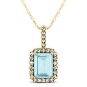 Diamond and Emerald Cut Aquamarine Halo Pendant Necklace 14k Yellow Gold 3.25ct - All
