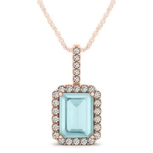 Diamond and Emerald Cut Aquamarine Halo Pendant Necklace 14k Rose Gold 3.25ct - All