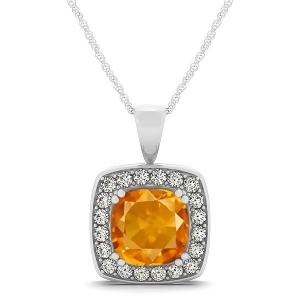 Citrine and Diamond Halo Cushion Pendant Necklace 14k White Gold 1.55ct - All