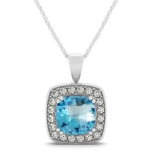 Blue Topaz and Diamond Halo Cushion Pendant Necklace 14k White Gold 1.95ct - All