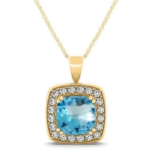 Blue Topaz and Diamond Halo Cushion Pendant Necklace 14k Yellow Gold 1.95ct - All