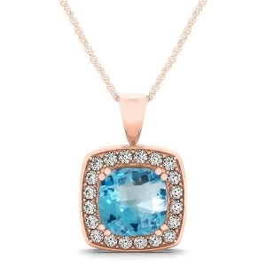 Blue Topaz and Diamond Halo Cushion Pendant Necklace 14k Rose Gold 1.95ct - All