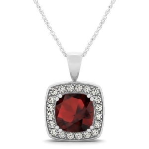 Garnet and Diamond Halo Cushion Pendant Necklace 14k White Gold 1.93ct - All