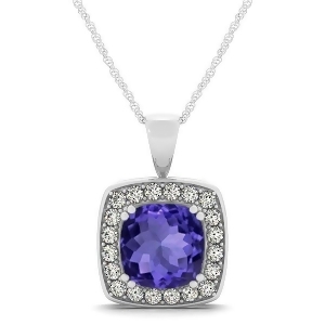 Tanzanite and Diamond Halo Cushion Pendant Necklace 14k White Gold 1.93ct - All