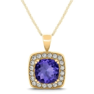 Tanzanite and Diamond Halo Cushion Pendant Necklace 14k Yellow Gold 1.93ct - All