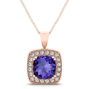 Tanzanite and Diamond Halo Cushion Pendant Necklace 14k Rose Gold 1.93ct - All