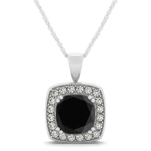 Black Diamond and Diamond Halo Cushion Pendant Necklace 14k White Gold 1.48ct - All