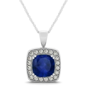 Blue Sapphire and Diamond Halo Cushion Pendant Necklace 14k White Gold 1.93ct - All