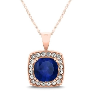 Blue Sapphire and Diamond Halo Cushion Pendant Necklace 14k Rose Gold 1.93ct - All
