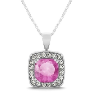 Pink Sapphire and Diamond Halo Cushion Pendant Necklace 14k White Gold 1.93ct - All